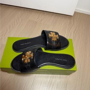 Tory Burch Black Slide Sandals with Gold Logo Emblem